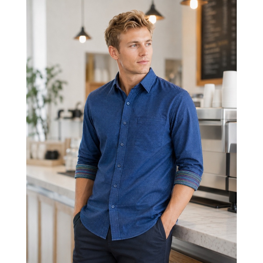 Raymond Mens Navy Blue Micro Dot Button Down Shirt Rainbow Trim Slim Fit‎ L